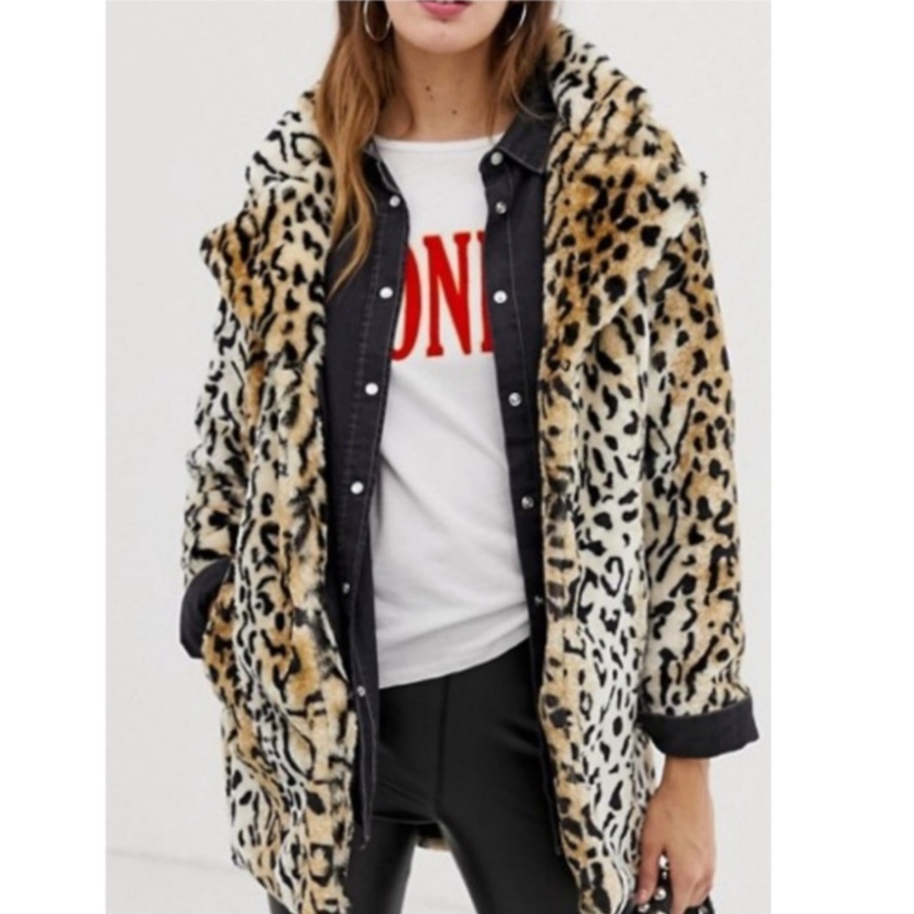 ASOS QED London Leopard Print Faux-Fur Coat Size 4